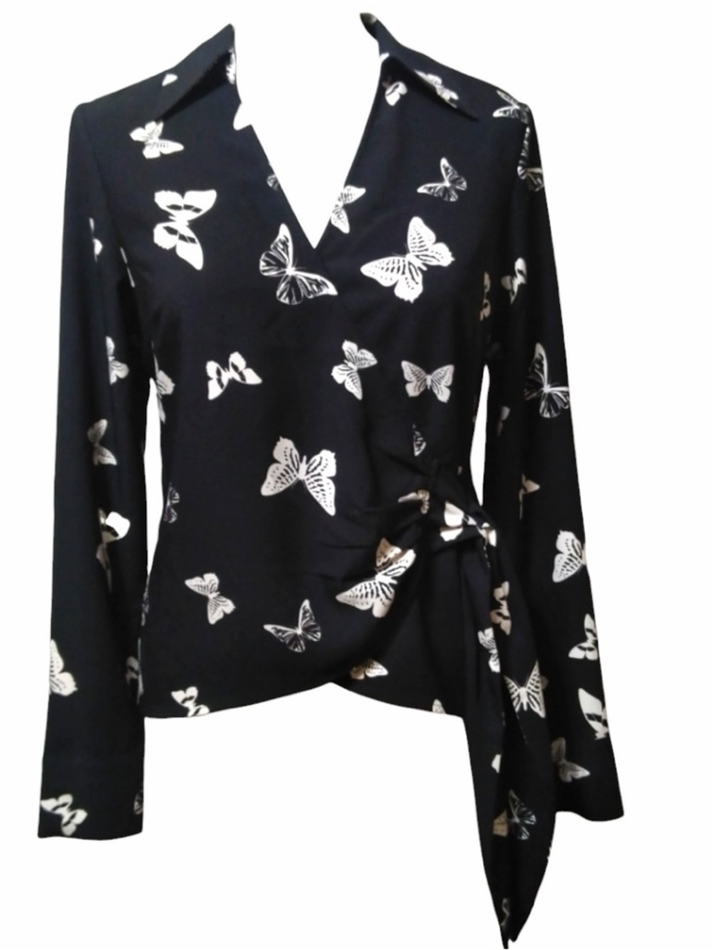 Rachel Zoe Black Butterfly Print Wrap Tie Blouse Top XS